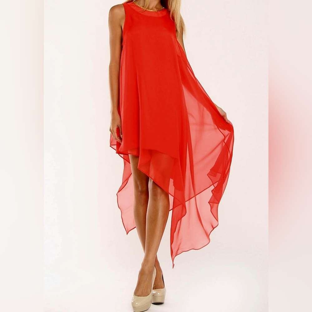 Allen Schwartz Privé red chiffon asymmetrical hi-lo evening dress, 12, NWOT